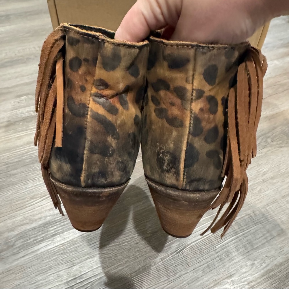 Liberty Chita Miel Concho Fringe Peep Black Leopard Stone Washed Boots Booties - Picture 3 of 10